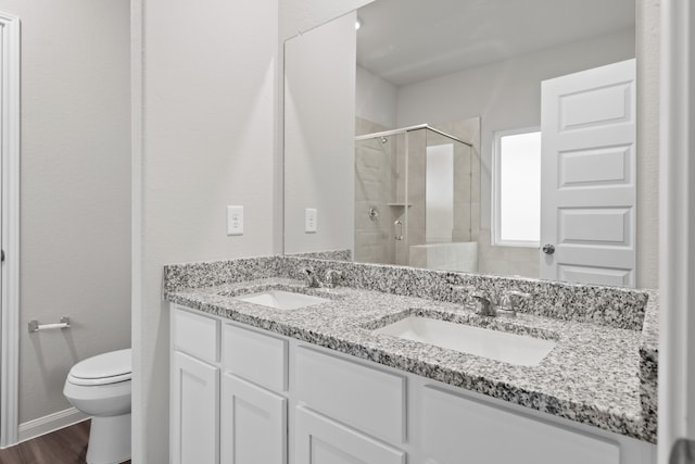 bathroom featuring vanity, toilet, wood-type flooring, and walk in shower