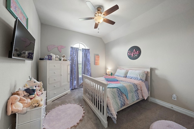 bedroom featuring ceiling fan, carpet, and lofted ceiling