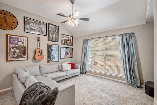 living room with ceiling fan, light colored carpet, and lofted ceiling