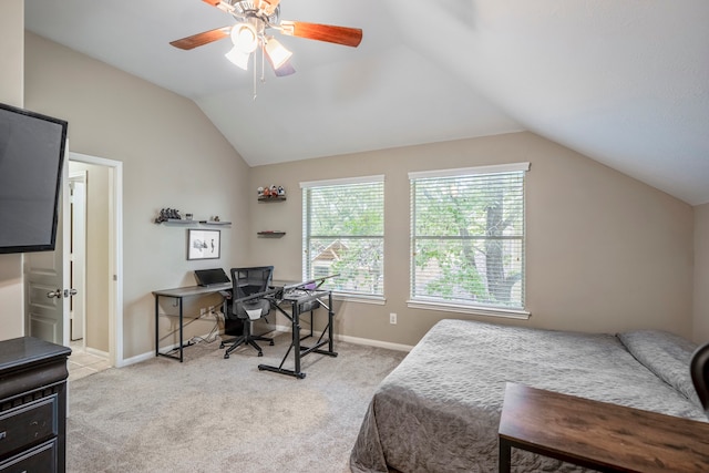 carpeted bedroom with ceiling fan and lofted ceiling