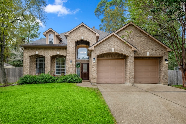 view of front of property with a front yard and a garage