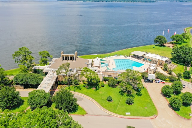 birds eye view of property featuring a water view