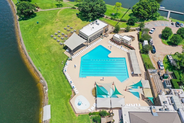 bird's eye view with a water view