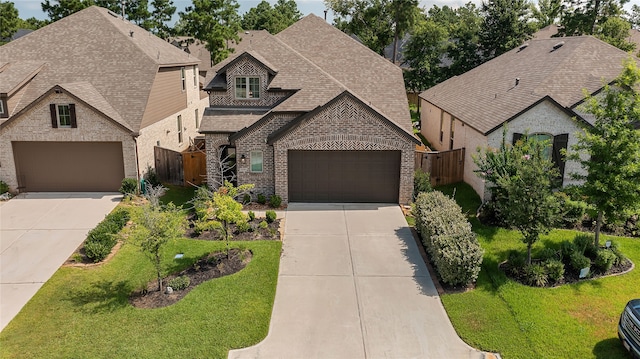 french provincial home featuring a front yard and a garage