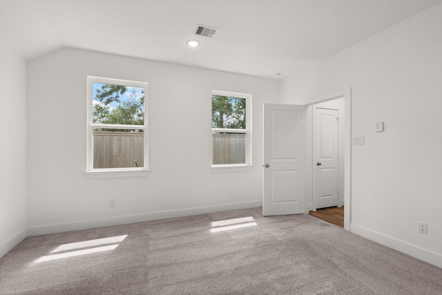 empty room featuring carpet flooring, plenty of natural light, and lofted ceiling