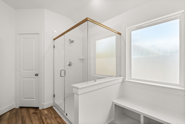 bathroom with walk in shower and hardwood / wood-style flooring