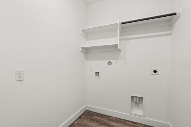 washroom with hookup for an electric dryer, hookup for a washing machine, gas dryer hookup, and dark wood-type flooring