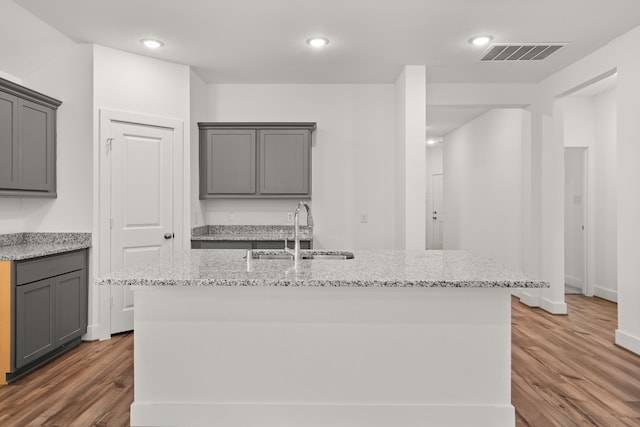 kitchen featuring hardwood / wood-style flooring, gray cabinets, and an island with sink