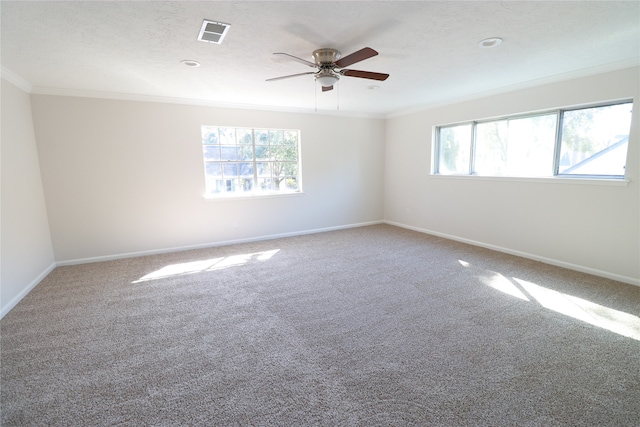 carpeted spare room with ceiling fan, a textured ceiling, and ornamental molding