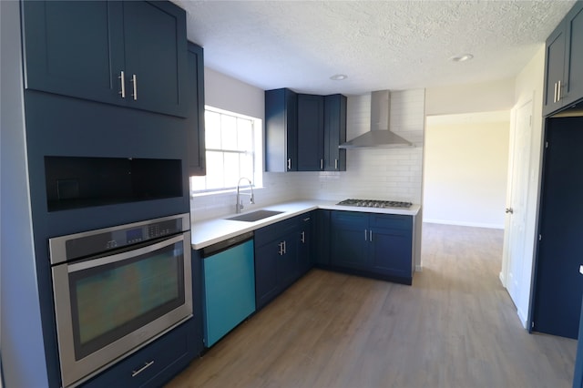 kitchen featuring blue cabinetry, appliances with stainless steel finishes, sink, and wall chimney range hood