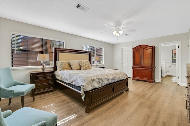 bedroom with visible vents, light wood finished floors, and ceiling fan