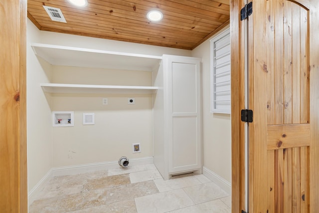 laundry room featuring hookup for an electric dryer, wooden ceiling, and hookup for a washing machine