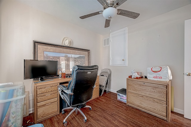 office space featuring dark hardwood / wood-style floors and ceiling fan