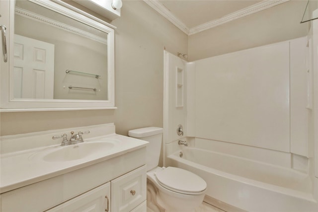 full bathroom featuring vanity, toilet, crown molding, and bathtub / shower combination