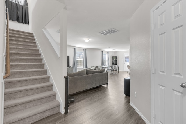 stairway featuring hardwood / wood-style floors