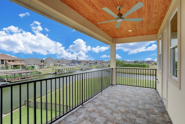 balcony featuring ceiling fan and a water view