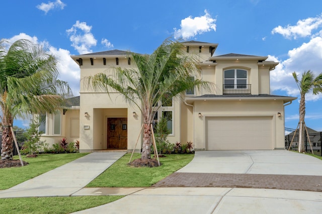 mediterranean / spanish-style house featuring a garage and a front lawn