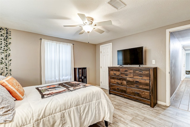 bedroom featuring a textured ceiling, light hardwood / wood-style flooring, and ceiling fan