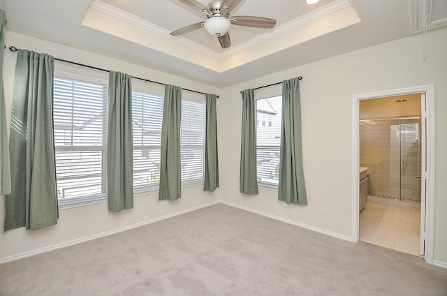 carpeted empty room with a tray ceiling, ceiling fan, plenty of natural light, and crown molding