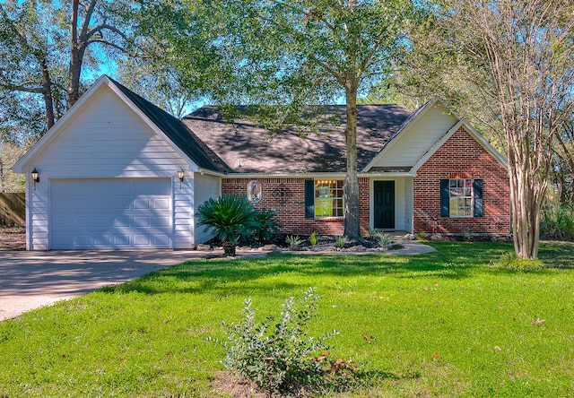 single story home featuring a garage and a front lawn