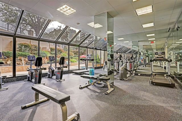 exercise room featuring a paneled ceiling and expansive windows