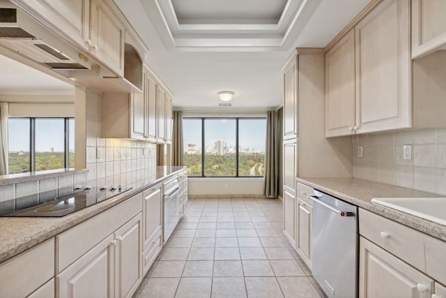 kitchen with stainless steel dishwasher, decorative backsplash, black electric cooktop, and light tile patterned floors