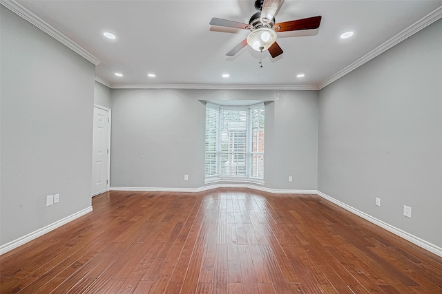 unfurnished room featuring crown molding, ceiling fan, and hardwood / wood-style flooring