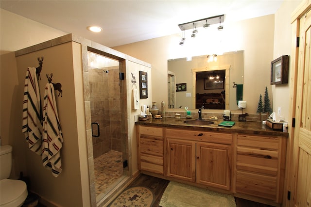 bathroom featuring walk in shower, vanity, and toilet