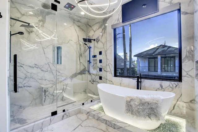 bathroom featuring independent shower and bath and tile walls