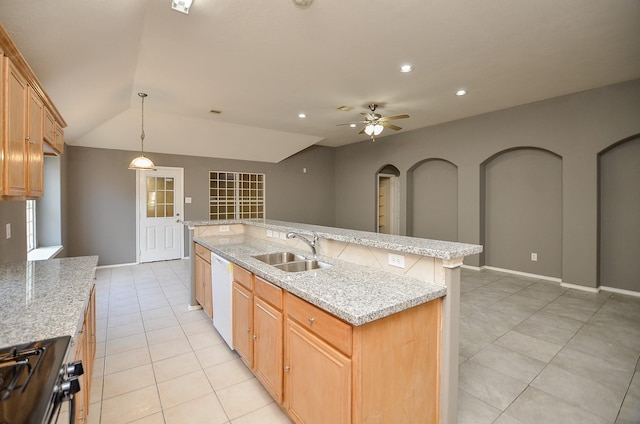 kitchen featuring white dishwasher, ceiling fan, a kitchen island with sink, sink, and lofted ceiling