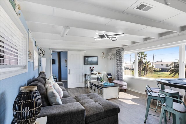 219 Fort Velasco Dr, Surfside Beach, TX 77541 - living area featuring beam ceiling, wood finished floors, and baseboards