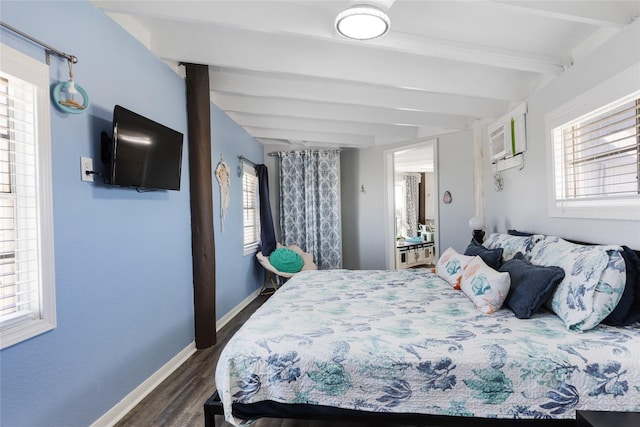 219 Fort Velasco Dr, Surfside Beach, TX 77541 - bedroom with dark wood-style flooring, beam ceiling, and baseboards