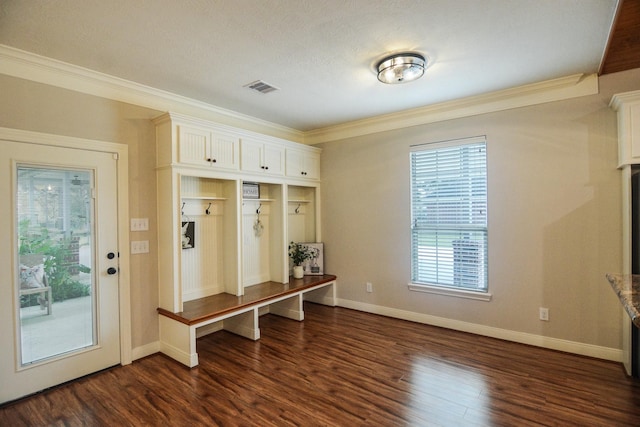 mudroom with dark hardwood / wood-style flooring and ornamental molding