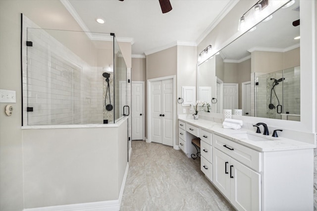 bathroom with vanity, ornamental molding, ceiling fan, and walk in shower