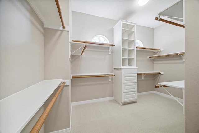 walk in closet featuring light colored carpet