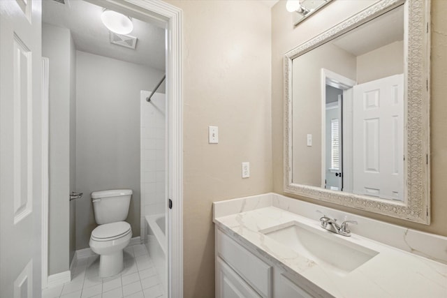 full bathroom featuring tile patterned flooring,  shower combination, vanity, and toilet