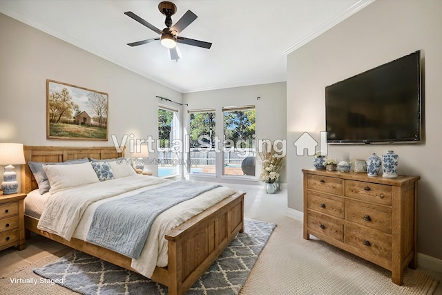 carpeted bedroom with crown molding and ceiling fan