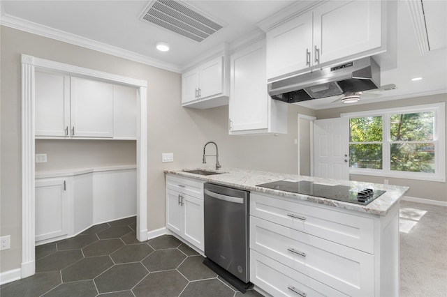 kitchen featuring black electric stovetop, white cabinets, light stone counters, sink, and dishwasher