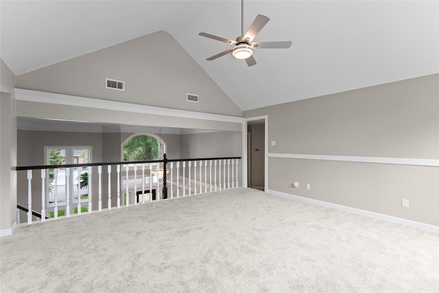 6627 Butler Oaks Ct, Spring, TX 77389 - carpeted empty room with ceiling fan, high vaulted ceiling, and baseboards