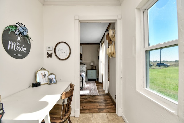 hall featuring crown molding, plenty of natural light, and light wood-type flooring