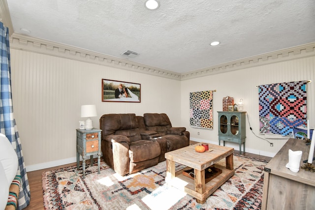 living room with hardwood / wood-style flooring and a textured ceiling