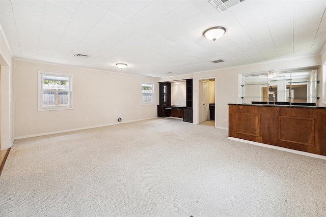 unfurnished living room with light colored carpet