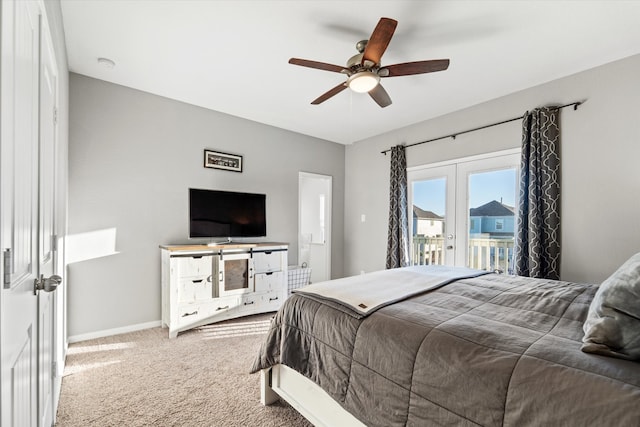 carpeted bedroom with ceiling fan, access to exterior, and french doors