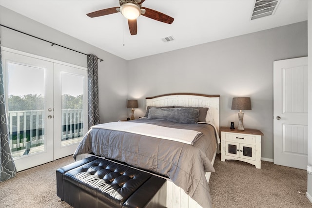 carpeted bedroom featuring ceiling fan, access to exterior, and french doors