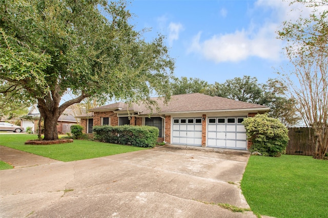 single story home with a garage and a front lawn