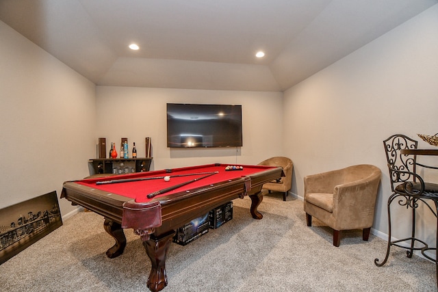 rec room featuring carpet flooring, lofted ceiling, and billiards