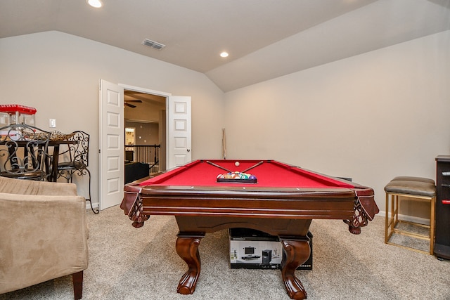 game room featuring carpet flooring, vaulted ceiling, and billiards