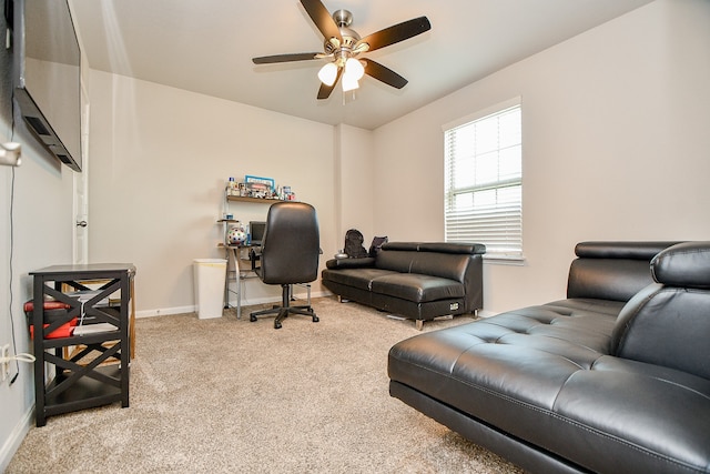 carpeted office with ceiling fan