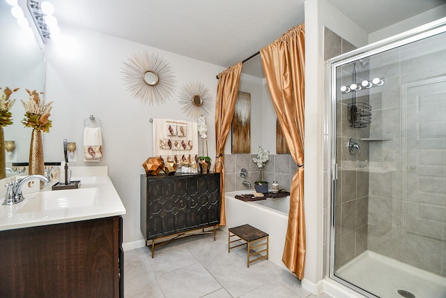 bathroom featuring vanity, tile patterned floors, and an enclosed shower