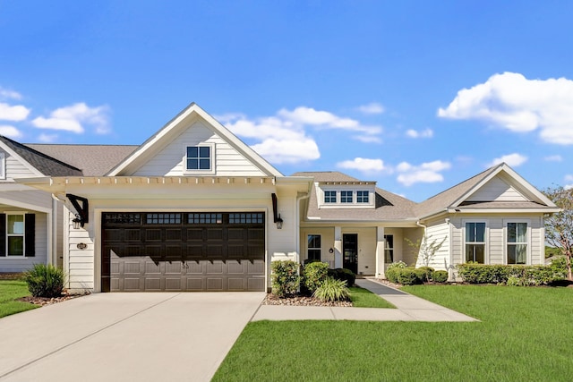 view of front of property with a garage and a front lawn